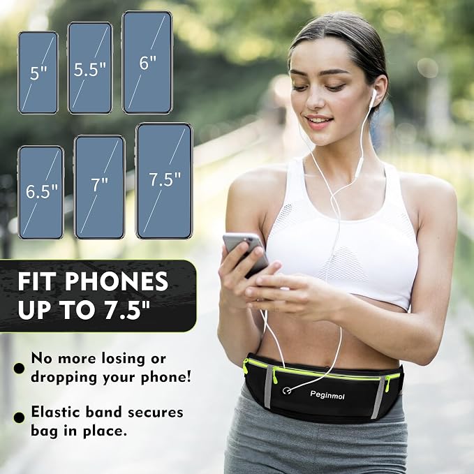 Slim Running Belt Fanny Pack, Waist Pack Bag for Women Men, Running Pouch for Phone Waterproof Reflective with 3 Pouches, Running Phone Holder for Sports, Traveling (Black + Green) - Image 4