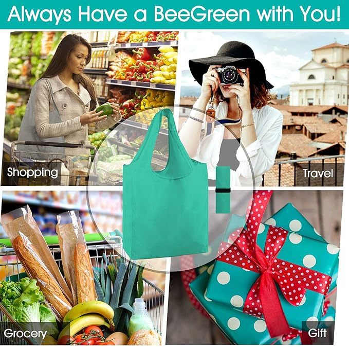 BeeGreen Groceries Reusable Bags for Shopping Compact Cute Solid Color Cloth Grocery Totes Set of 12 Fold up Packable Recycling Shopper Baggies w Zipper Carry Pouch for Supermarket - Image 7