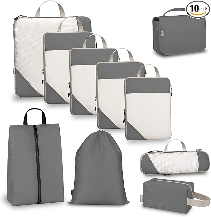 Compression Travel Packing Cubes with White Mesh, Grey, 10Pcs | Waterproof fabric and See-Through Mesh, Space-Saving Compression Organizer for Travel and Daily Clothes Storage by Unknown