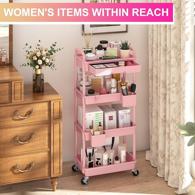 Goovilla 4 Tier Rolling Utility Cart Organizer with Removable Drawer, Pink | Stable and Sturdy Rolling Storage Carts with 2 Lockable Wheels for Bathroom, Kitchen, Snack, Craft, Makeup, Baby Essentials - Image 5