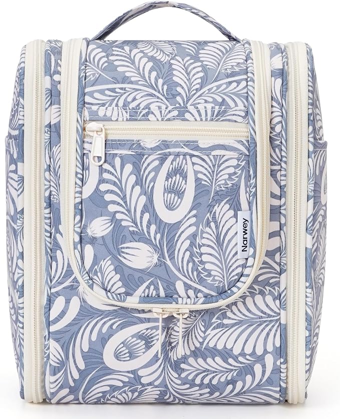 Narwey Small Hanging Toiletry Bag Women Travel Makeup Bag Organizer Toiletries Bag for Travel Size Essentials Accessories Cosmetics (Medium, Blue Leaf) by Narwey