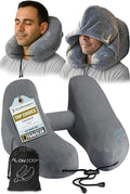 FLOWZOOM Air Inflatable Neck Pillow for Traveling on Plane - H-Shape Hooded Travel Pillow with 5 Snooze Modes, Fast Inflation, Pressure Control, Cozy Clip-On Hood & Plushy Cover - Size L, Silver Gray by FLOWZOOM