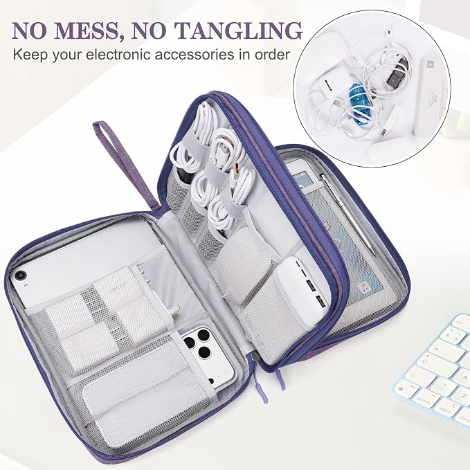 FYY Electronic Organizer, Travel Tech Pouch Bag, Extra Large, Dark Purple | Wrist Strap, Waterproof, Double Layers Electronics Travel Case for iPad, Cord, Laptop Charger, Daily and Business Trips Use - Image 5