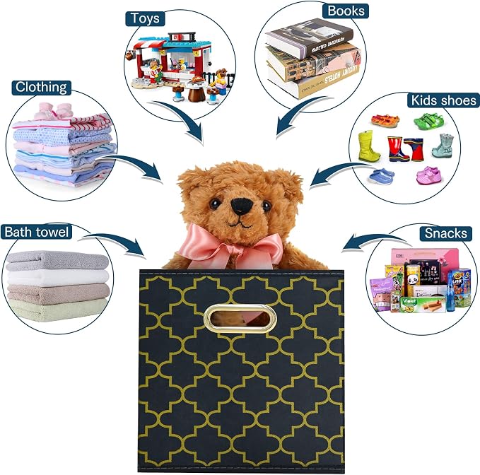 Fabric storage bins Cubes, Fabric Cube Organizer with Handle, Foldable Cube Bins for Cloth or Accessary Storage, 11x11x11, Set of 3, (Grey Gold) - Image 3