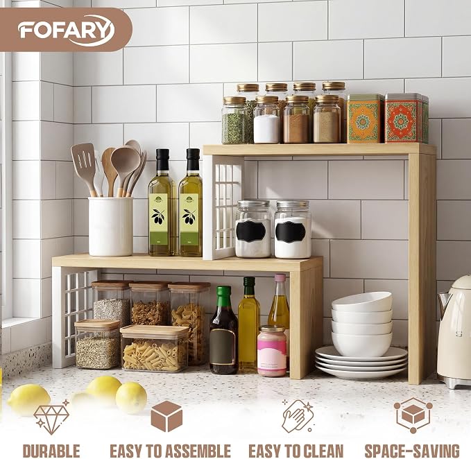 Kitchen Countertop Organizer, 2 Tier Corner Counter Shelf, Beige | Adjustable Cabinet Organizer Shelf, Spice Rack, for Kitchen, Coffee Station, Stackable, Expandable, Fits Corners - Image 2