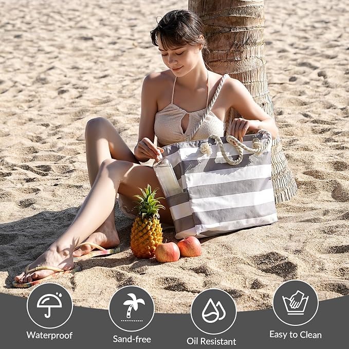 Clothirily Beach Bag for Women, Large Beach Tote Bag Waterproof with Zipper | Large Capacity Swim Pool Bag, Inner Pockets, Sandproof Foldable Beach Tote for Travel Essentials - Image 6