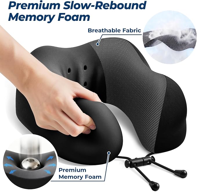 ExploreBliss Travel Pillow, Memory Foam Neck Pillow Airplane, Black | Travel Pillows for Airplanes, Neck Pillow Airplane, Memory Foam Neck Pillow Set with Eye Mask, Earplugs - Image 3