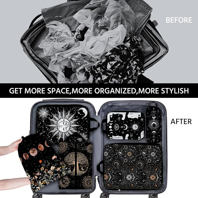 6 Pcs Compression Packing Cubes Waterproof Suitcase Travel Bag Luggage Backpack Organizer Travel Cubes for Packing-Gothic Style - Image 6