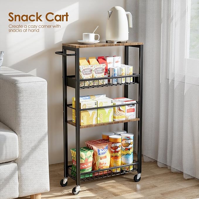 Slim Rolling Storage Cart, 4 Tier Narrow Storage Cart, 7.1in(W) | Metal Kitchen Rolling Cart for Small Spaces, Narrow Shelf for Kitchen, Laundry Room, Bathroom, Living Room - Image 5