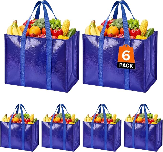 Reusable Grocery Bags, Waterproof & Foldable Shopping Bags Stand Upright | Heavy Duty Shopping Tote Bags, Waterproof & Foldable with Long Handles for Bulk Shopping, Versatile Storage 6 Pack-33L by WiseLife