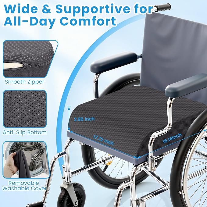 Wheelchair Seat Cushion - Cooling Gel & Memory Foam Office Chair Cushion with Non-Slip Bottom & Washable Cover, Ergonomic Car Seat Pillow for Sciatica, Tailbone, Back Comfort (Grey) - Image 8