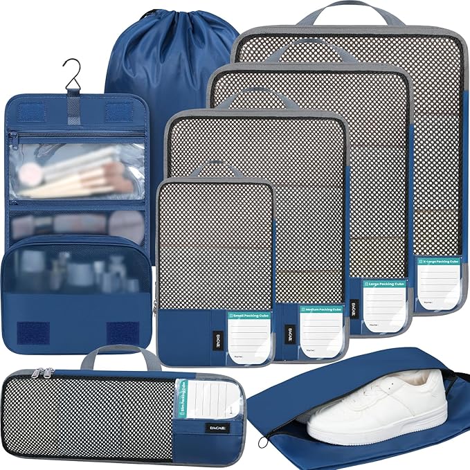 BAGAIL 4 Set/6 Set/8 Set Compression Packing Cubes Travel Accessories Expandable Packing Organizers(HalfMesh,8-Navy) by BAGAIL
