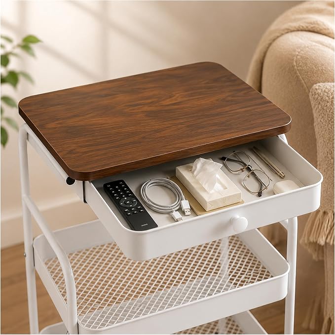 3 Tier Rolling Cart with Hidden Drawer and Wood Top, Small Space Storage Cart with Wheels, Coffee Station Organizer and Side Table Cart for Living Room, Bedroom, Kitchen, White - Image 9