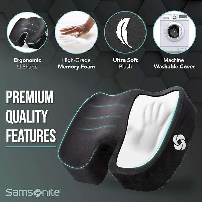 Samsonite Memory Foam Seat Cushion – Ergonomic Cushion for Office Chair, Tailbone Pressure Pad, Coccyx Support for Sciatica, Supportive Seat for Car, Desk, and Gaming Chairs, Black - Image 5