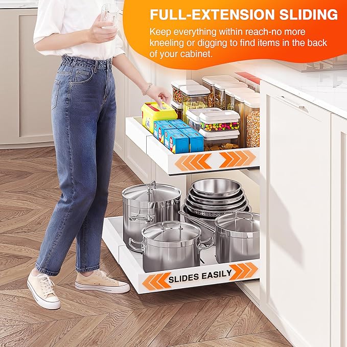 2 Pack Pull Out Cabinet Organizer Expandable 12.6"-20.4"Wx 21"Deep | Upgraded 3 Quiet Slide Rails, Nano-Film Adhesive Fixing, White, Fit Kitchen/Living Room/Bathroom/Vanity - Image 2