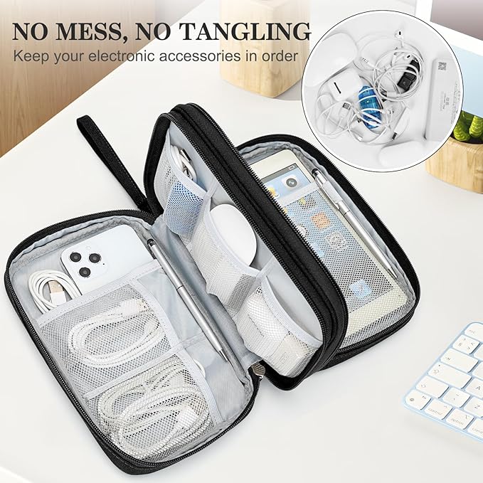 FYY Electronic Organizer, Travel Tech Pouch Bag, Large, Black | Wrist Strap, Waterproof, Double Layers Portable Electronics Travel Carrying Case for Cord, Charger, Daily Business Trips Use - Image 5