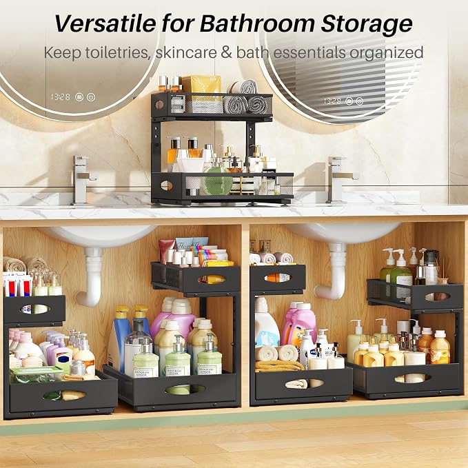 Under Sink Organizer, 1-Pack Pull Out Cabinet Organizer 2 Tier Metal Slide Out Storage Shelf Rack, L-Shaped Adjustable Height,Mesh Sliding Drawer for Kitchen, Bathroom, Laundry, Pantry, Black, XL - Image 9