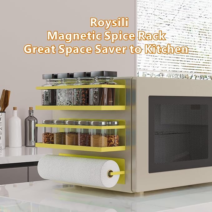 Magnetic Spice Rack For Refrigerator Magnetic Fridge Shelf For Kitchen Spice Organizer Magnetic Shelf For Fridge Space Saving Yellow 4 Pack With Magnetic Paper Towel Holder - Image 5