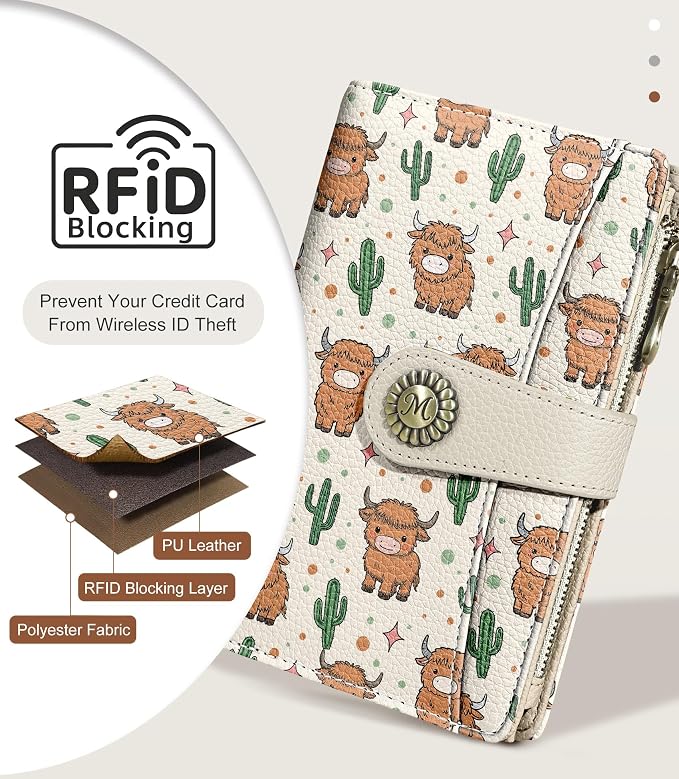 Highland Cow Wallet Women RFID, Passport Holder Credit Card Holder | 6.7" x 4.4" x 1.3" Bifold, Travel billfold, Zipper Pocket, PU Leather, Clutch, Purse, ID Window, Pen Holder, Gift Ladies Girl - Image 4
