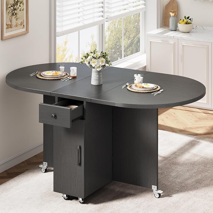 Jocoevol Round Folding Dining Table for 4, Space Saving Drop Leaf Kitchen Table with Storage Drawer, 6 Wheels Oval Gateleg Foldable Dining Table for Small Spaces(Black 47 * 23.6 * 30) - Image 4