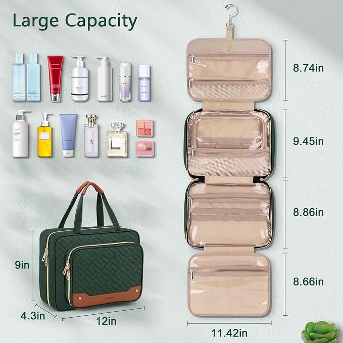 Toiletry Bag for Women, Hanging Travel Toiletry Bag with Jewelry Organizer Compartment Large Makeup Bag, PVC Waterproof Cosmetic Travel Bag Trips Camping Bathroom, Dark Green - Image 4