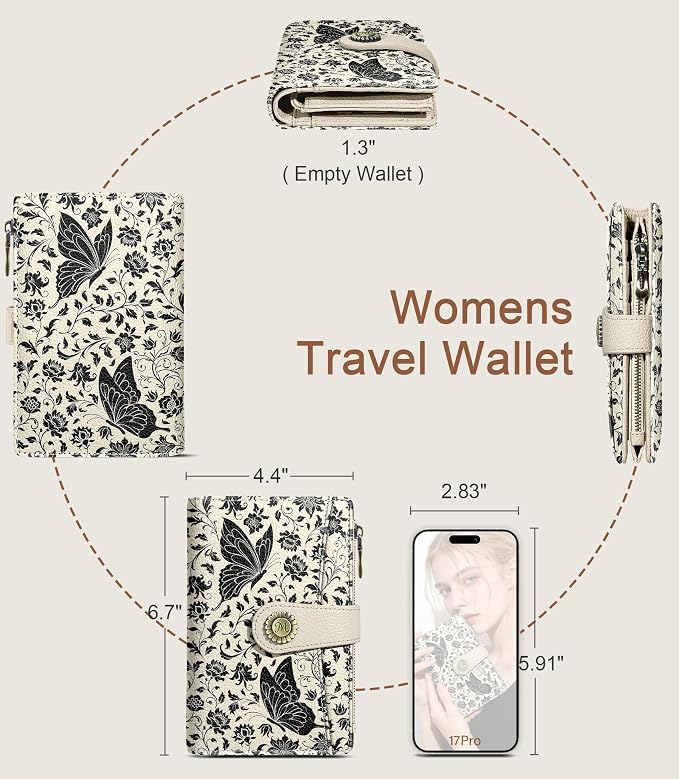 Butterfly Wallet Women RFID, Passport Holder, Credit Card Holder | 6.7" x 4.4" x 1.3" Bifold, Travel billfold, Zipper Pocket, PU Leather, Clutch, Purse, ID Window, Pen Holder, Gift Ladies Girl - Image 5