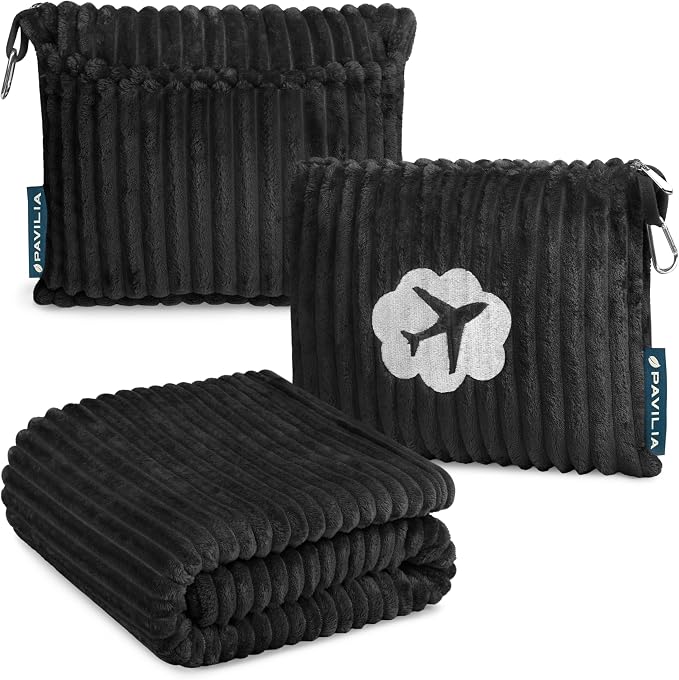 PAVILIA Travel Blanket Pillow, Soft Ribbed Fleece Airplane Blanket, Black | 65x40, Compact Packable Plane Throw with Bag, Luggage Strap and Back Pocket, Cozy Flight Essentials Travelers Camping Gift by PAVILIA