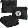 PAVILIA Travel Blanket Pillow, Soft Ribbed Fleece Airplane Blanket, Black | 65x40, Compact Packable Plane Throw with Bag, Luggage Strap and Back Pocket, Cozy Flight Essentials Travelers Camping Gift by PAVILIA