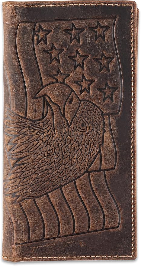 F&L CLASSIC Men's RFID Vintage Look Genuine Leather Long Bifold Wallet Checkbook Wallets,brown eagle flag,240-101 by FLCLASSIC