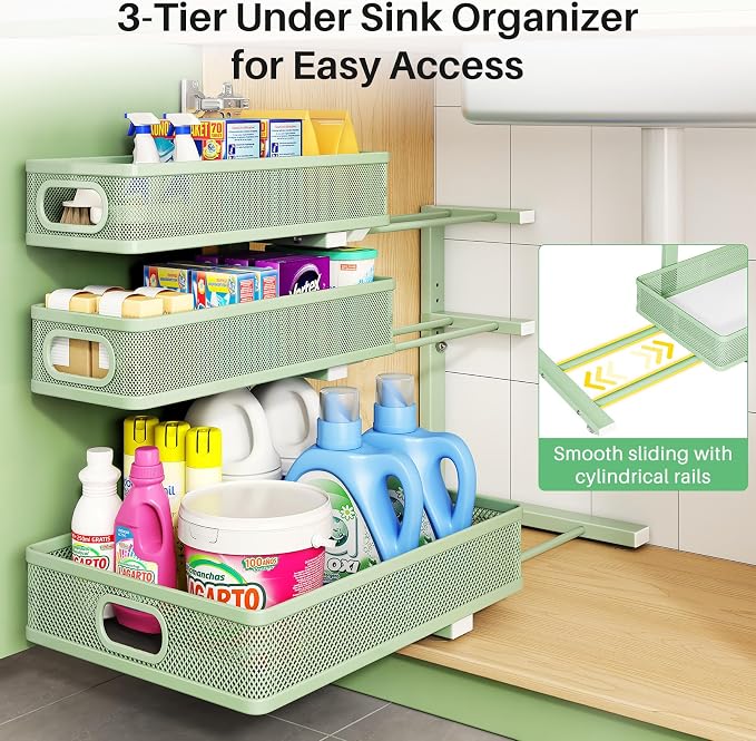 Kitstorack Under Sink Organizer, 1-Pack 3-Tier Height Adjustable Thickened Metal Pull out Cabinet Organizer Shelf, Slide out Storage Drawer Rack for Bathroom Kitchen Pantry Home Organization, Green - Image 5
