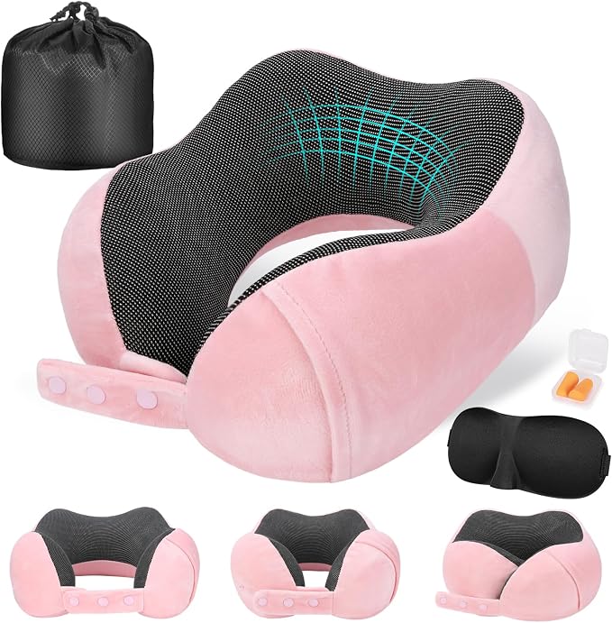 Cirorld Neck Pillow for Traveling, Travel Pillows for Airplanes,100% Pure Memory Foam Travel Neck Pillow, Adjustable Flight Pillow, Portable Plane Accessories with Eye Mask, Earplugs, Carry Bag by CIRORLD