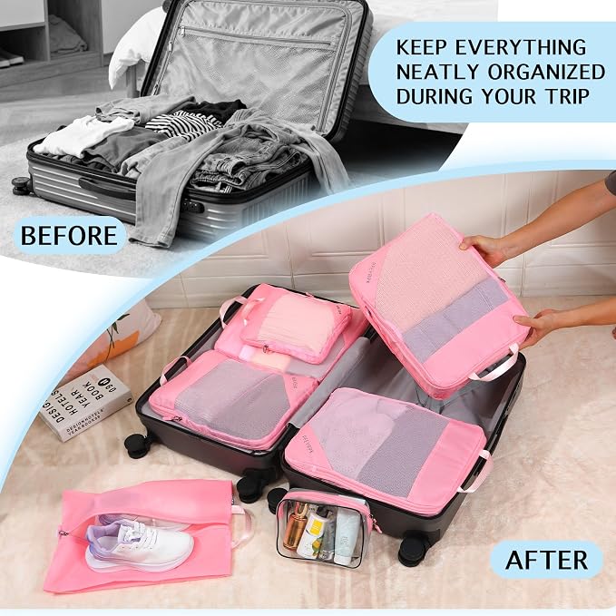 PFEYRPK Lightweight Compression Packing Cubes for Suitcases, Compressible Expandable Travel Packing Organizer with Clear Toiletries and Backpack Bag, Travel Essentials for Carry on Luggage 7 Set - Image 5