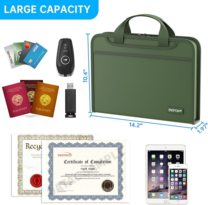 ENGPOW Accordion File Organizer,Fireproof Expanding File Folder with Multi Pockets,13 Pockets Document Organizer with Handle & Labels,Portable Home Travel Safe Storage for Letter A4 Files,Green - Image 5