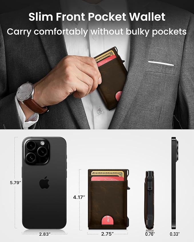 Wallet for Men Card Holder: Pop Up Card Case, Genuine Leather, Smart, RFID Blocking, Slim, Minimalist, Thin, Front Pocket - 12 Card Capacity, ID Window, Money Clip (Bronze) - Image 3