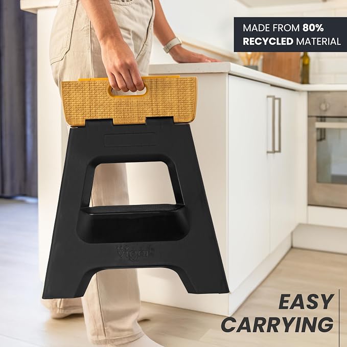 Vigar Compact Folding Step Stool, 16 in 2 Step, Black Bamboo Print | 16 in Foldable Stool, Lightweight Portable Design, Handle, Non Slip Surface, Space-Saving, Supports up to 330 lb - Image 7