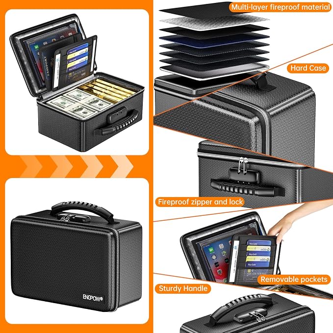 ENGPOW Fireproof Money Box with Lock & Heat-Resistant Fireproof Zipper | 6400°F 12-Layer Fire Protection,Small Hard Case with Multi-Pocket,Portable Home Chest Safe Storage for Money, Jewelry, Black - Image 4