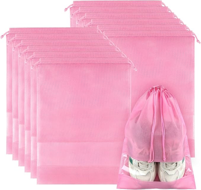 12 Pack Shoe Bags for Travel, Large Travel Shoe Bag for Packing with Window | Dustproof Drawstring Travel Shoe Storage Bags Travel Essentials for Men & Women, Pink by COIDEA