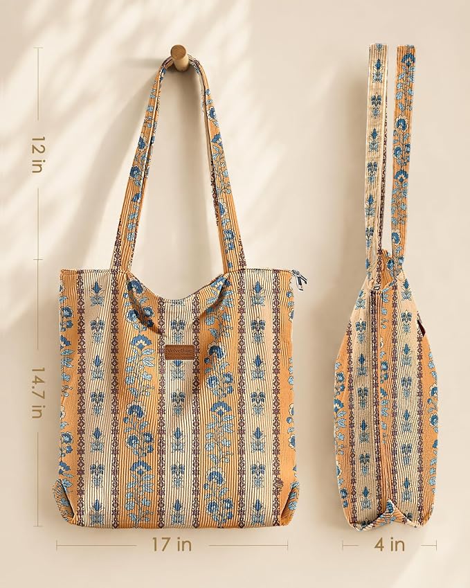 Aesthetic Corduroy Tote Bag with Zipper for Women | Reusable, Fits 14 Inch Laptop, Inner Pocket, double-sided print, Lightweight - Image 5