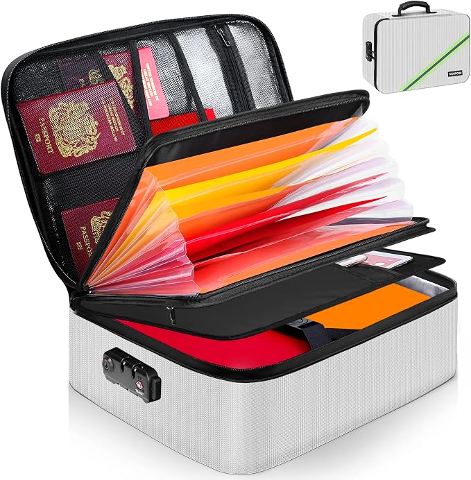 5200℉ Fireproof Document Box with Lock 16.1"x11.4"x4.3" | Portable ,Home ,Travel Water Resistant Document Storage Organizer for Important Documents and File ,Silver by Noiposi
