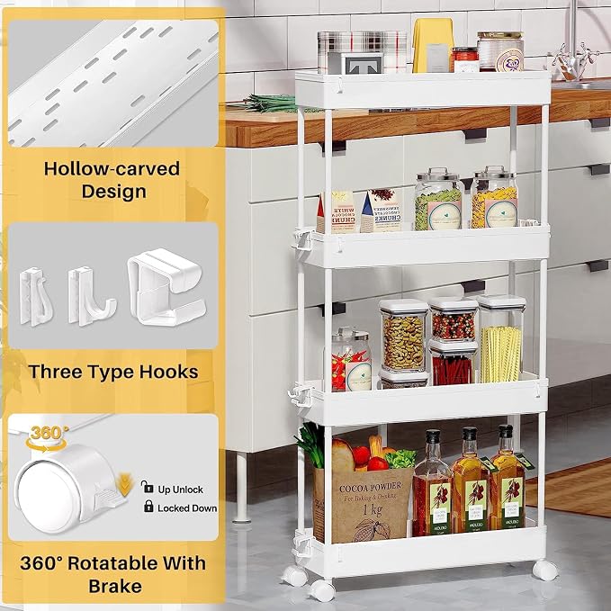 SPACEKEEPER Slim Rolling Storage Cart, 4 Tier Bathroom Cart Organizer,White | Narrow Rolling Cart with Wheels for Kitchen Office Bathroom Laundry Room,Mobile Utility Cart for Craft Art Makeup Nail Polish - Image 2