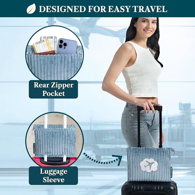 PAVILIA Travel Blanket Pillow, Soft Ribbed Fleece Airplane Blanket, Blue | 65x40, Compact Packable Plane Throw with Bag, Luggage Strap and Back Pocket, Cozy Flight Essentials Travelers Camping Gift - Image 3