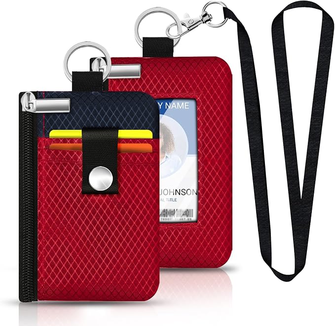 Minimalist RFID Blocking Small Wallet with ID Window,WaterResistant Zip Id Case Wallet with Lanyard Keychain for Cards,Cash,Travel,Women,Men (Red/Dark blue) - Image 6