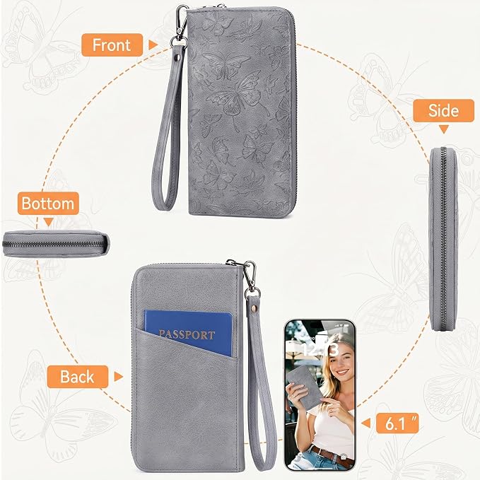 BELTANA Wallet Women RFID Blocking Large Capacity Wristlet Wallets for Women Butterfly Embossed Vegan Leather Clutch Purses with Card & Passport Holder (Blue-Butterfly) - Image 6