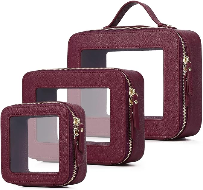 Pinkmik Clear Makeup Bag, (Burgundy, L+M+MINI) | Waterproof, Travel Case for Cosmetics and Toiletries, Women's Purse Organizer, Clear Car Bag with Zipper by Pinkmik