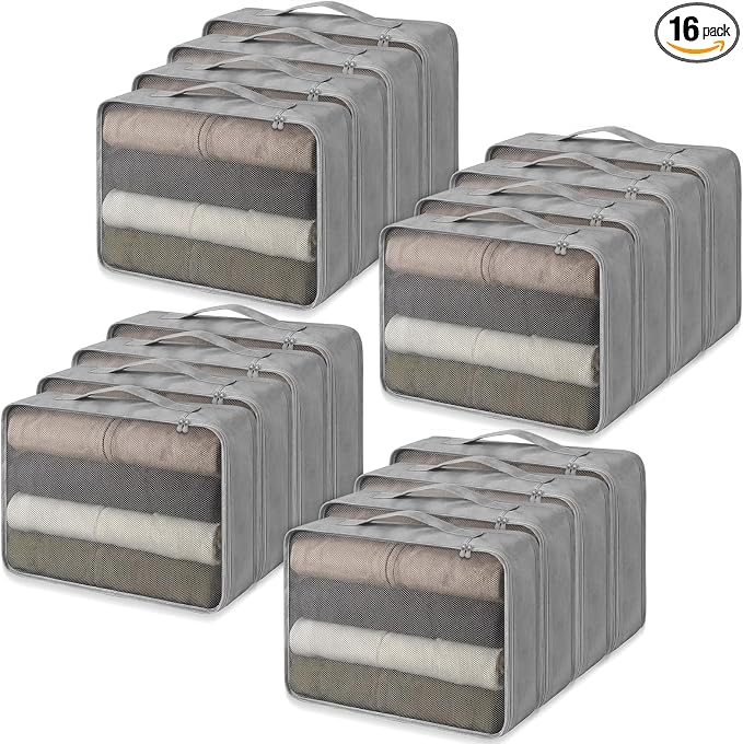 Silkfly 16 Pcs XL Packing Cube for Travel Luggage,Simple,Gray | 17.7 x 13 x 4.7, Same Size, Gray Suitcase Storage Organizer Set, Reusable Mesh Clothes Cube for Hiking Camp Family Accessory by Silkfly