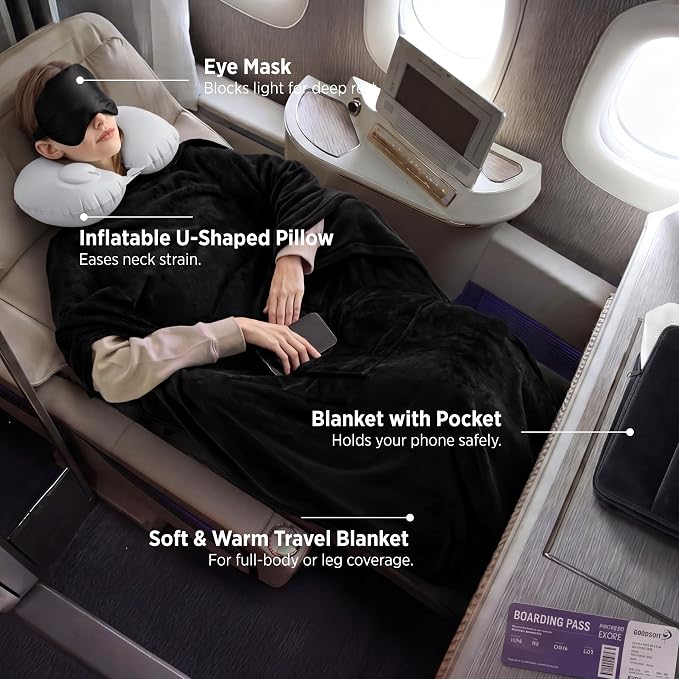 Bedsure Travel Blanket Set with Inflatable Neck Pillow and Eye Mask - Lightweight 3-in-1 Airplane Packable Blanket, Compact Travel Essentials, Black - Image 2