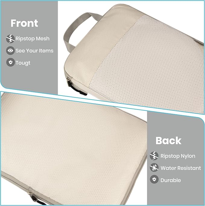 Compression Travel Packing Cubes with White Mesh, Apricot, 4Pcs | Waterproof fabric and See-Through Mesh, Space-Saving Compression Organizer for Travel and Daily Clothes Storage - Image 4