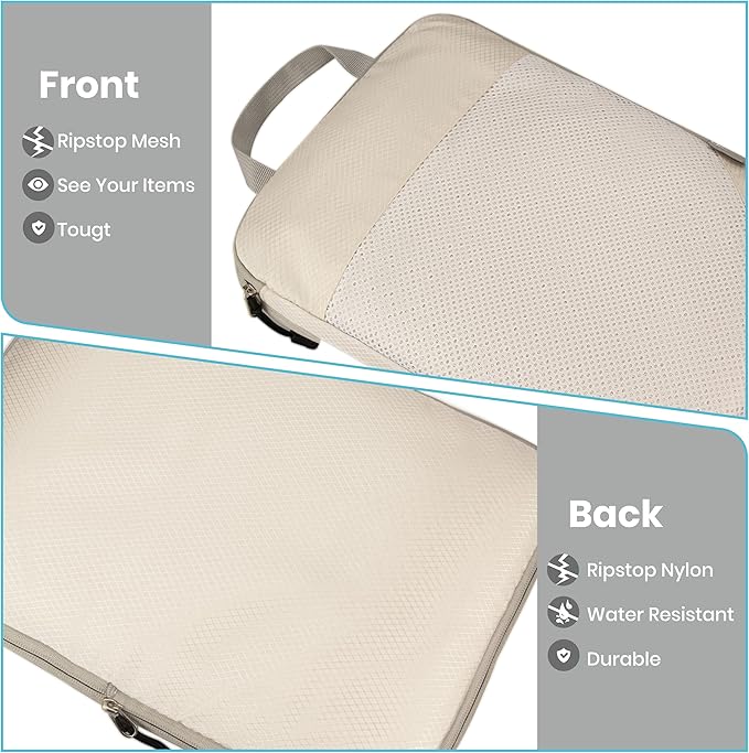 Compression Travel Packing Cubes with White Mesh, Apricot, 6Pcs | Waterproof fabric and See-Through Mesh, Space-Saving Compression Organizer for Travel and Daily Clothes Storage - Image 4
