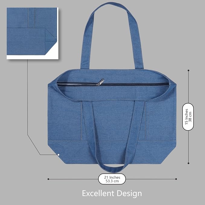 TOPDesign 1-Pack Canvas Tote Bag with an External Pocket, Reusable Grocery Shopping Bag, Top Zipper Closure, Daily Essentials (Medium Blue Demim) - Image 5