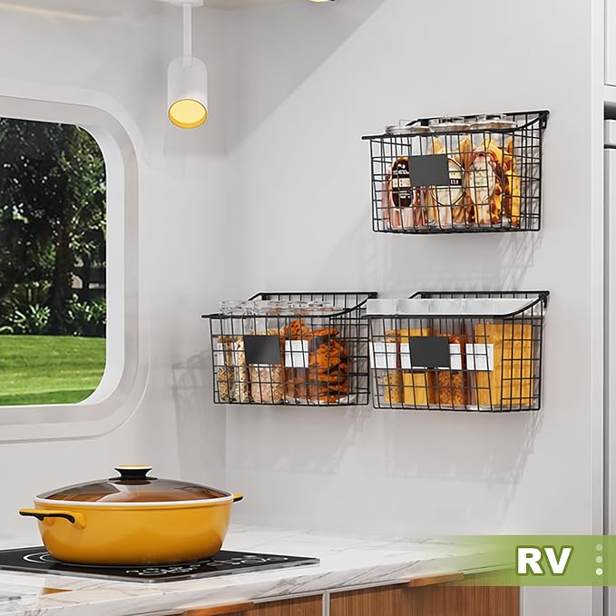 Wall Mounted Bin Basket with 5 Hooks 3 Label Plate Adhesive-3 Pack, Cabinet Hanging Metal Wire Basket,Rustic Farmhouse Decor, Storage Organization Shelf for Pantry Kitchen Bathroom 10.6*7.5*5.1inch - Image 8